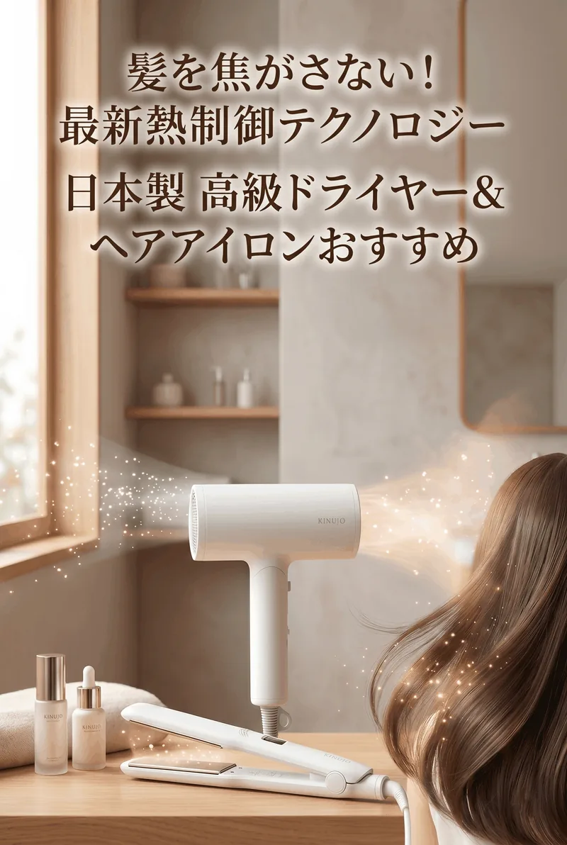 美しいサラツヤのストレートヘアーの女性とヘアドライヤーの縦長デザイン