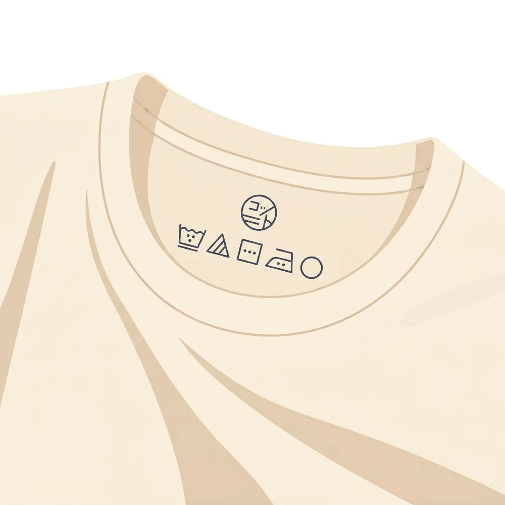 Tシャツの首元内側に、洗濯表示やサイズが生地に直接プリントされている様子
