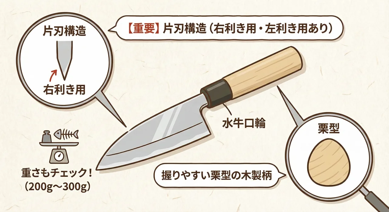 包丁の断面図で片刃構造を示し、栗形の柄の部分を拡大したイラスト