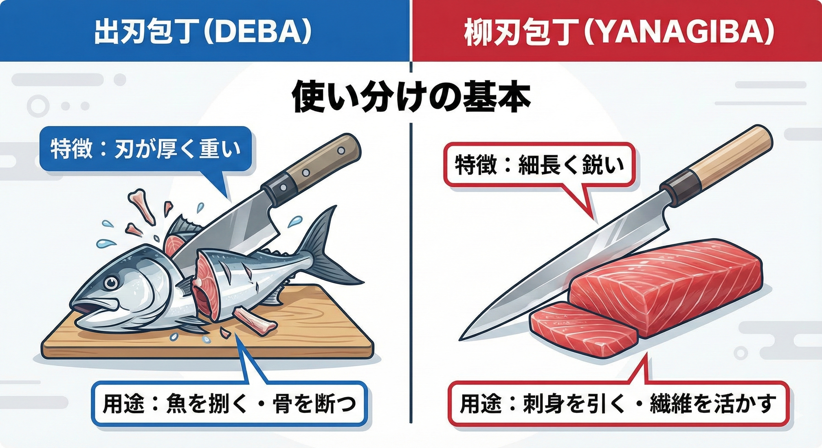 刃が厚く重い出刃包丁と、細く長い柳刃包丁の比較イラスト