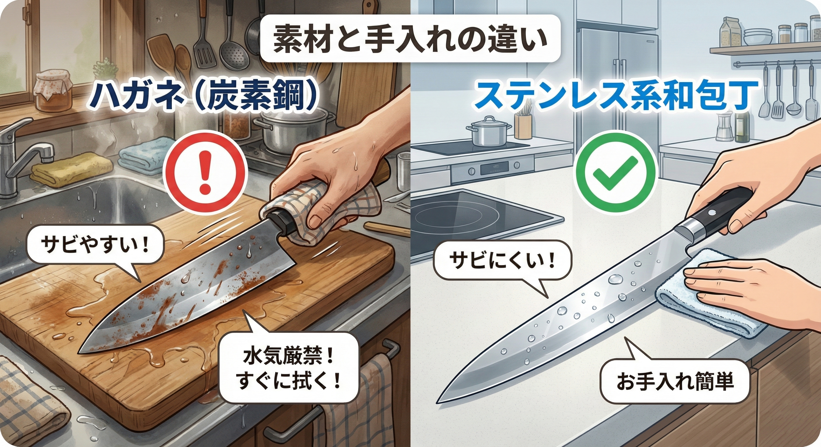 水気を丁寧に拭き取るハガネの和包丁と、ステンレス系和包丁の比較イラスト