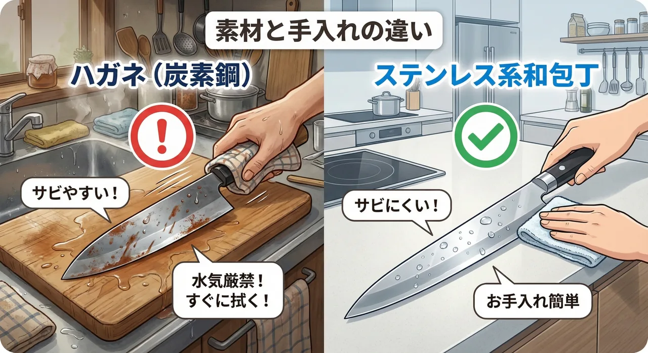 水気を丁寧に拭き取るハガネの和包丁と、ステンレス系和包丁の比較イラスト