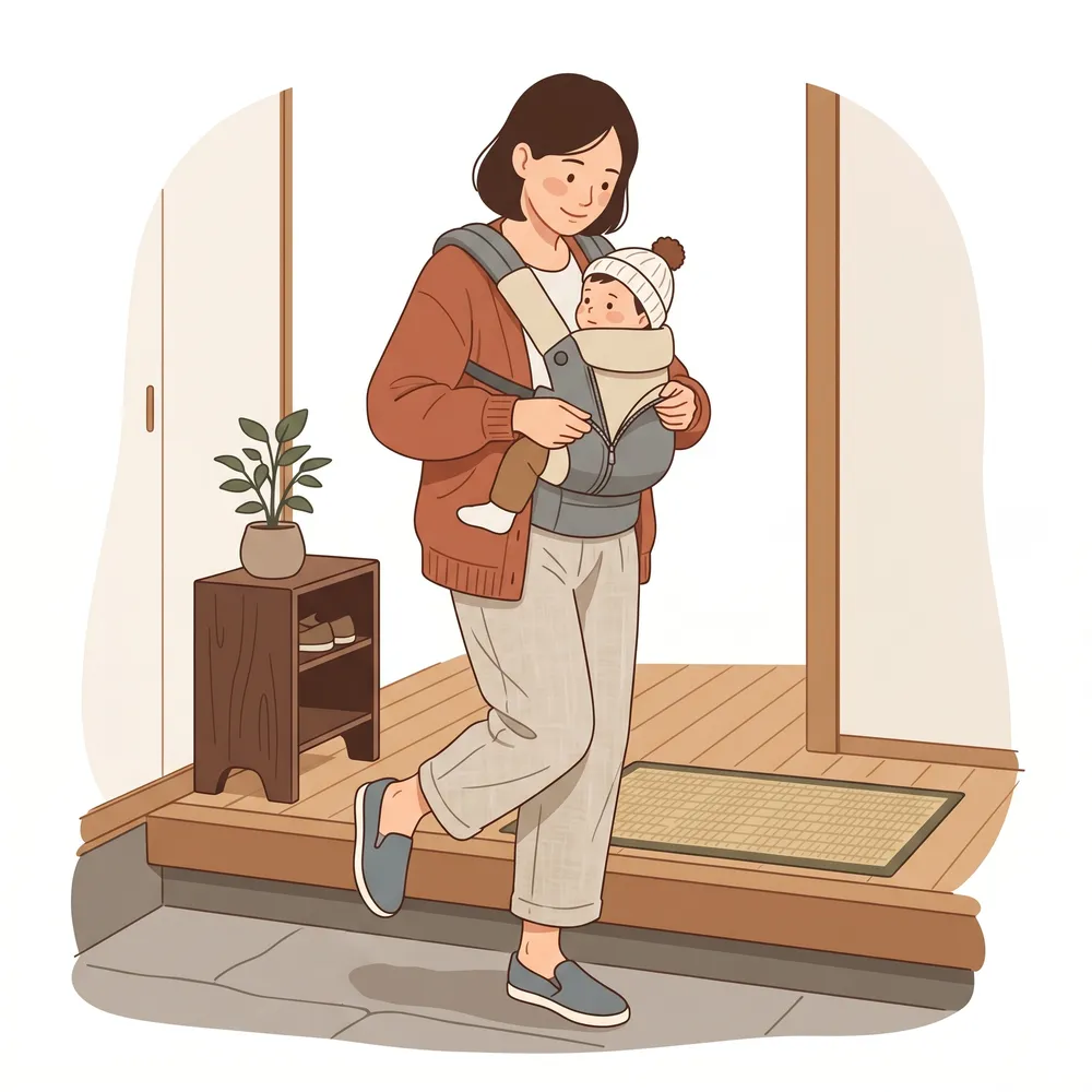 玄関で靴を脱ぎながら、スムーズに赤ちゃんを抱っこ紐から降ろしているお母さんのイラスト