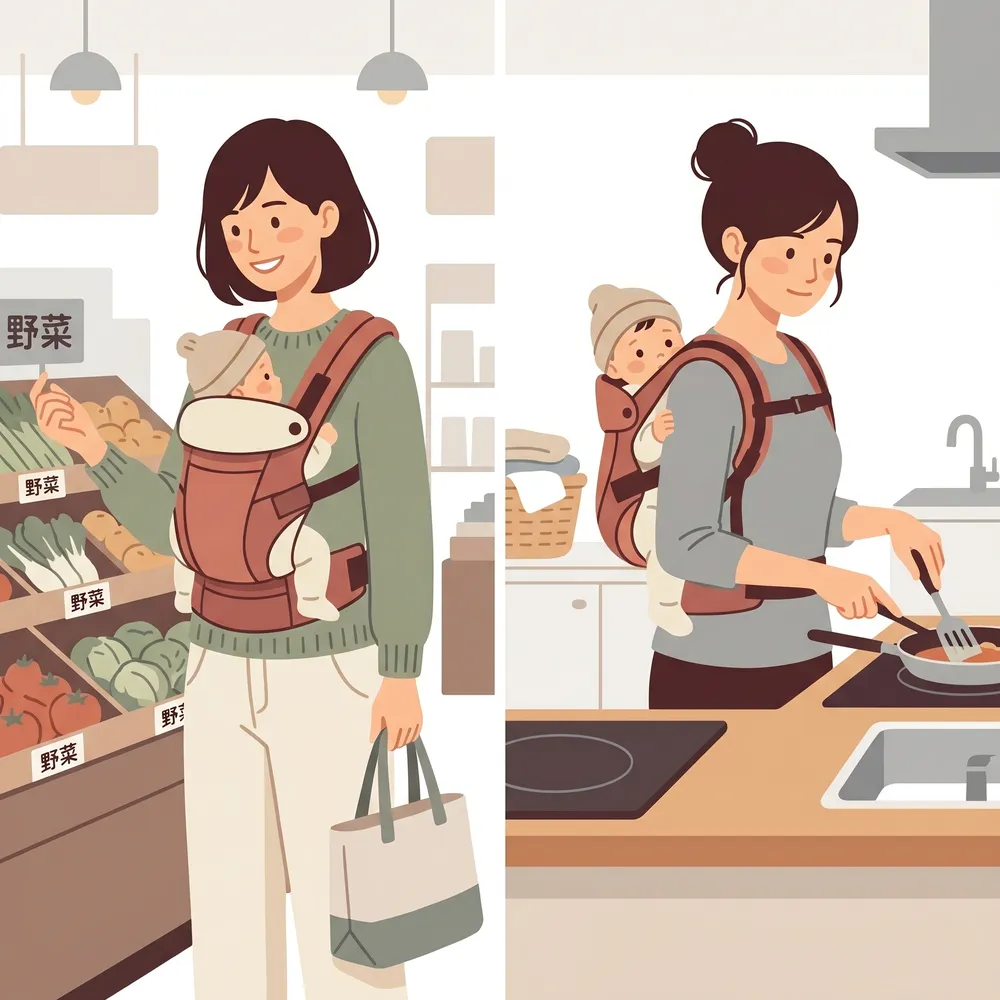 買い物をするママ、家事（おんぶ）をするママ、それぞれのライフスタイルを示すイラスト