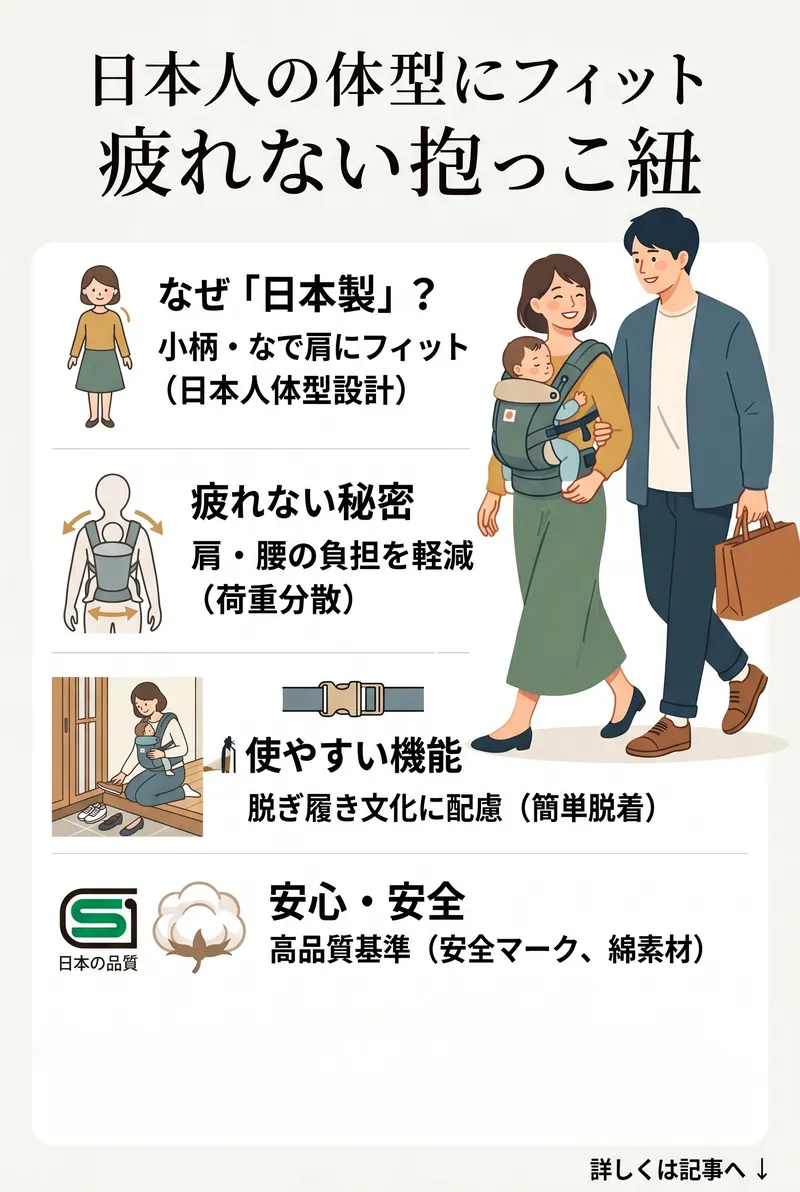 抱っこ紐で赤ちゃんを抱っこし、笑顔で外を歩くお母さんの縦長インフォグラフィックイラスト