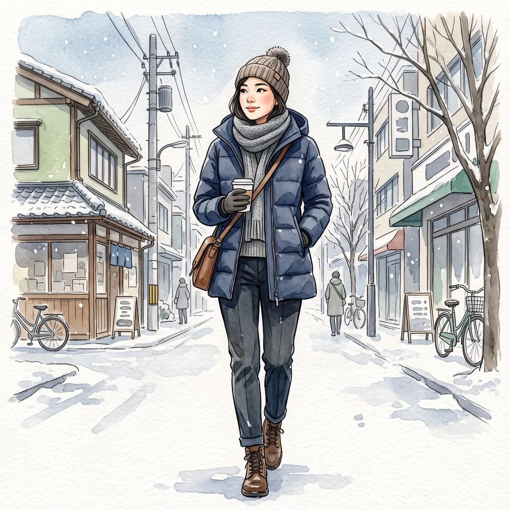 都会的なダウンジャケットを街で着こなすイラスト