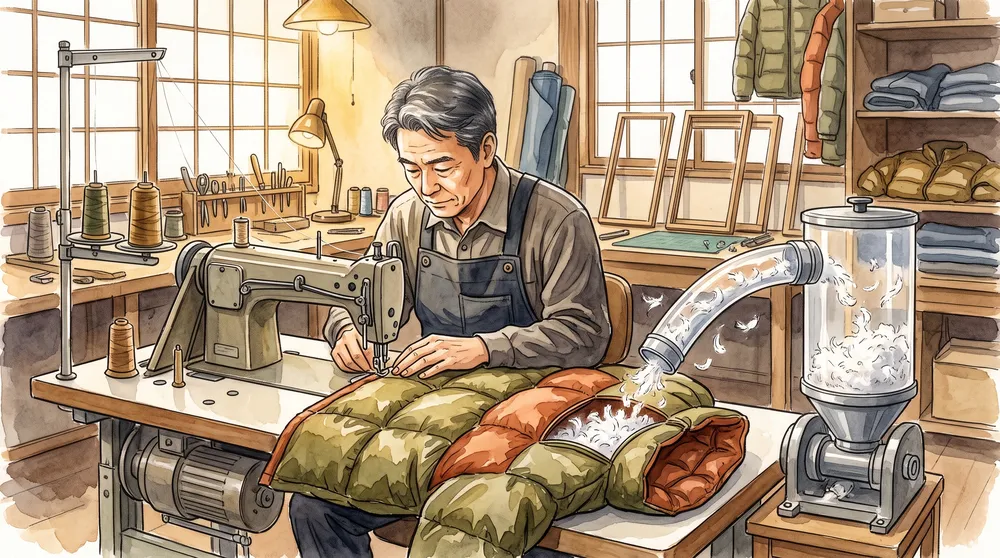日本の工場で職人がダウンジャケットを一着ずつ丁寧に縫製する様子を描いたイラスト