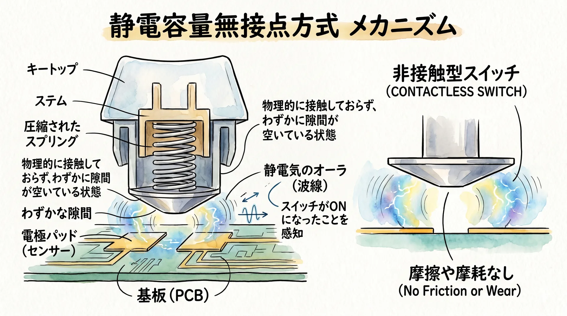 静電容量無接点方式の仕組みを示す図解イラスト。キーが押し込まれ、電極同士が接触することなく、離れた状態のまま静電気（静電容量）の変化を感知してスイッチがオンになっている様子