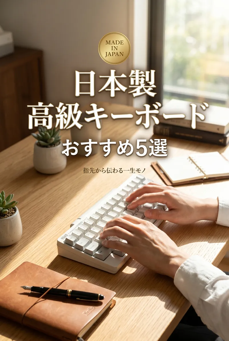 落ち着いた照明のデスクで、大人がHHKB（またはREALFORCE）を使って心地よくタイピング作業に没頭しているまとめイメージ
