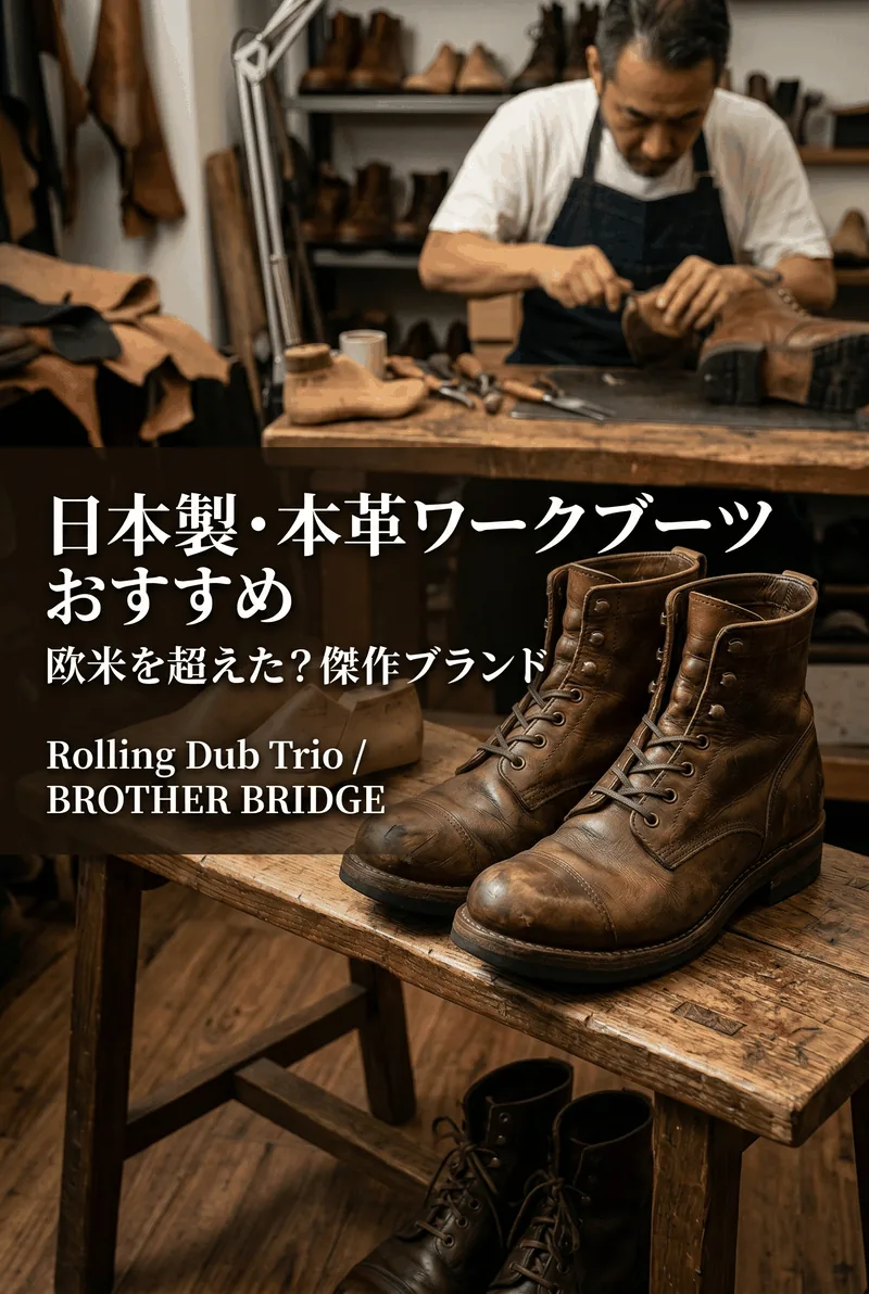 rugged本革ワークブーツとシューケア用ブラシの美しい縦長デザイン