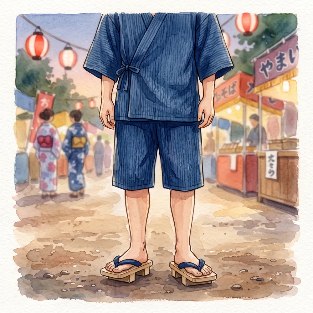 阿波しじら織の甚平に雪駄を合わせた和の夏コーデのイラスト