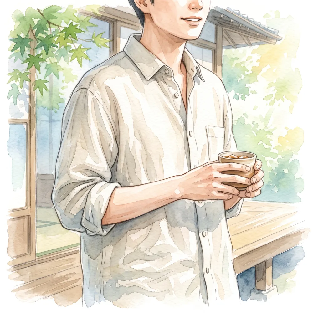 袖をまくった麻シャツの涼しげな着こなしのイラスト