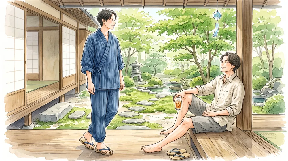 麻シャツや甚平を涼しく着こなす夏のコーディネートを描いたイラスト