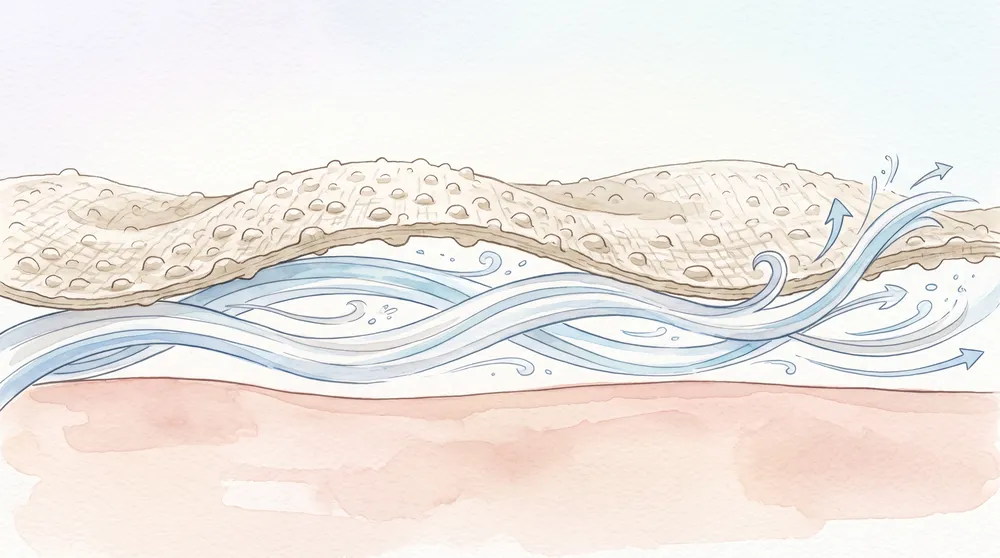 麻とちぢみの生地の凹凸が肌に触れる面積を減らして涼しい仕組みを描いたイラスト