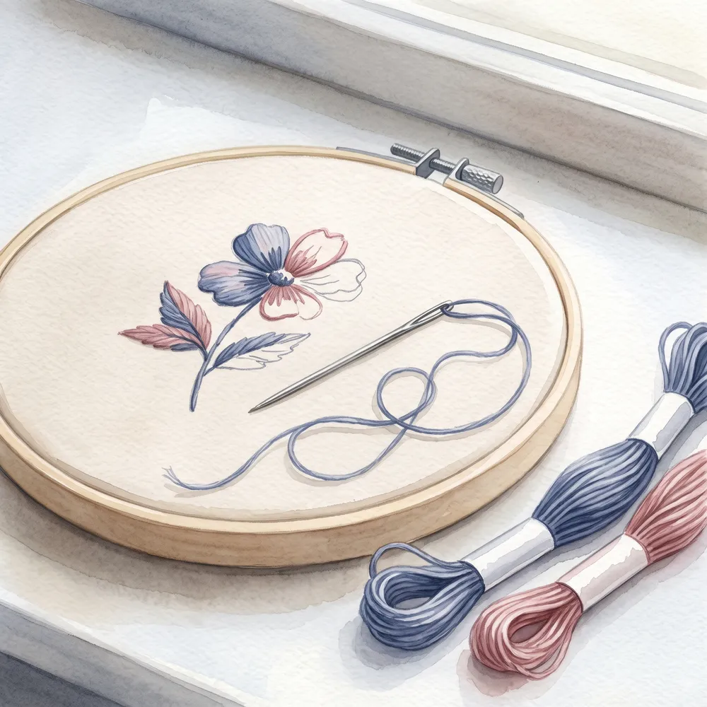 刺繍枠に張った布と、刺しかけの刺繍糸を描いた水彩イラスト