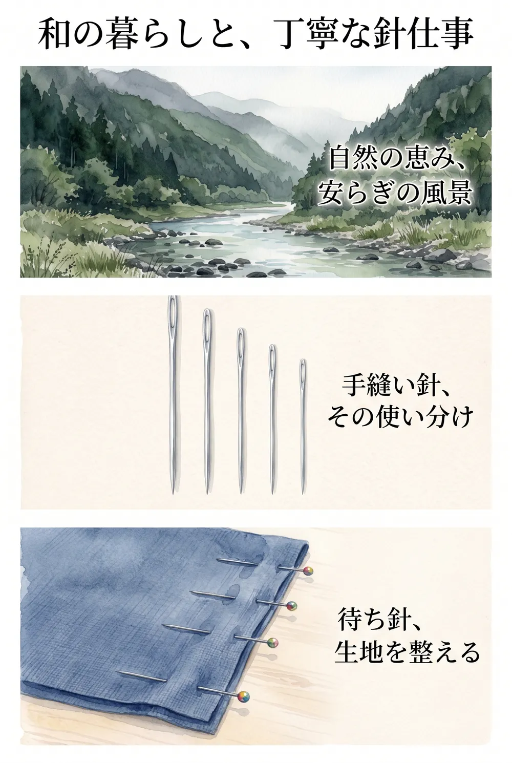 広島の川と山、長さの違う針、まち針で留めた布を縦に並べた、まとめのイラスト