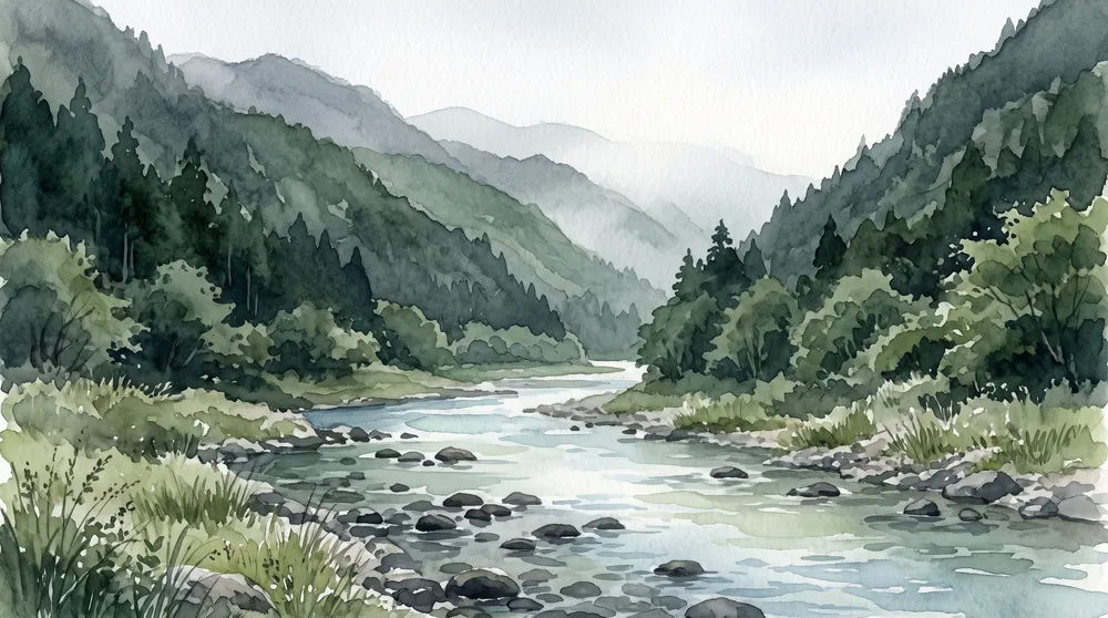 中国山地の谷を流れる川と、川沿いの山並みを描いた横長の水彩イラスト
