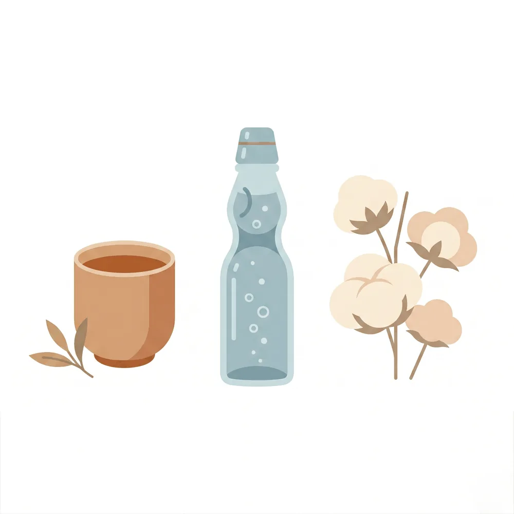 ほうじ茶、ラムネ、コットンの花が並んだ優しい色調のイラスト
