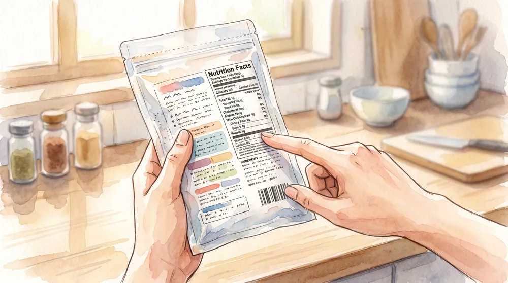 塩のパッケージの裏面表示。原材料名と工程の欄を確認している様子
