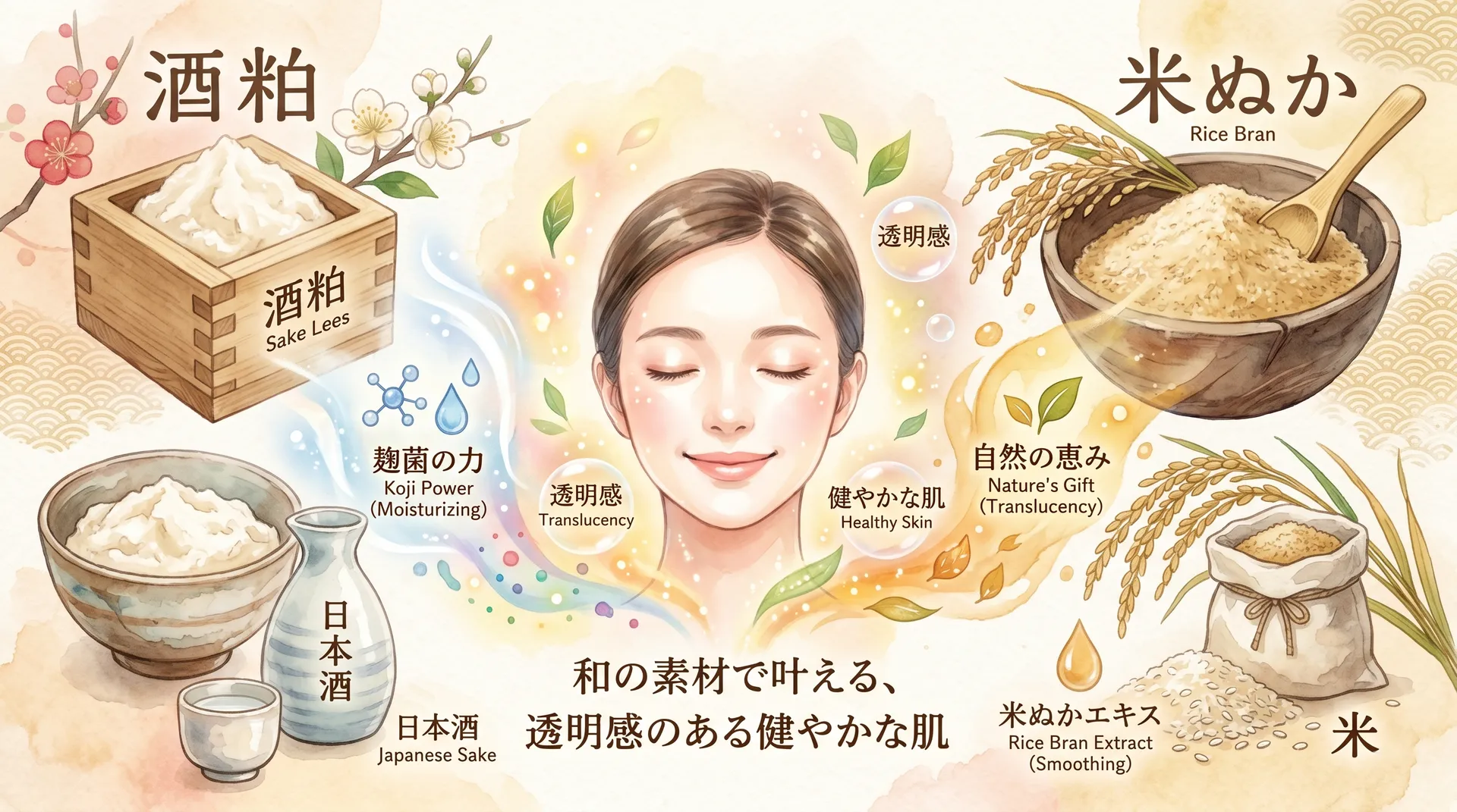酒粕と米ぬかなどの和素材の美容成分を解説するイラスト