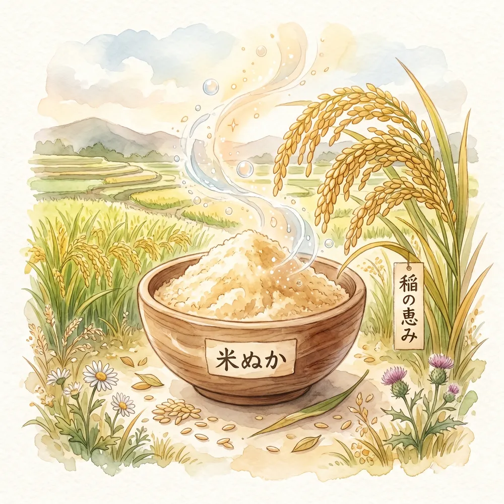 米ぬかと稲穂、お米の優しい力をイメージした水彩画風イラスト