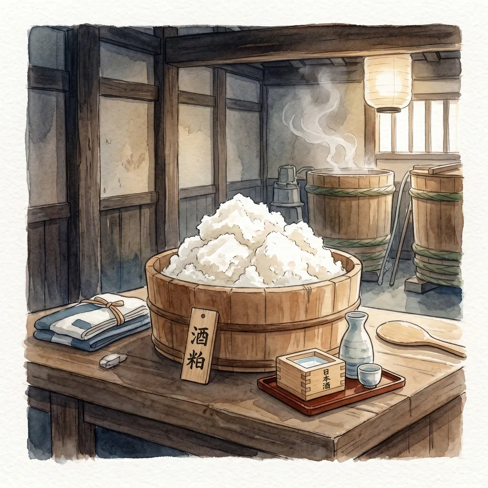 白い酒粕と日本酒の製造過程をイメージした水彩画風イラスト