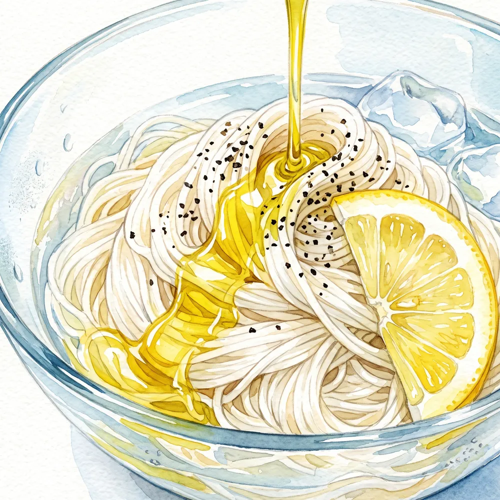 小豆島産オリーブオイルをかけた冷やしそうめんのイラスト