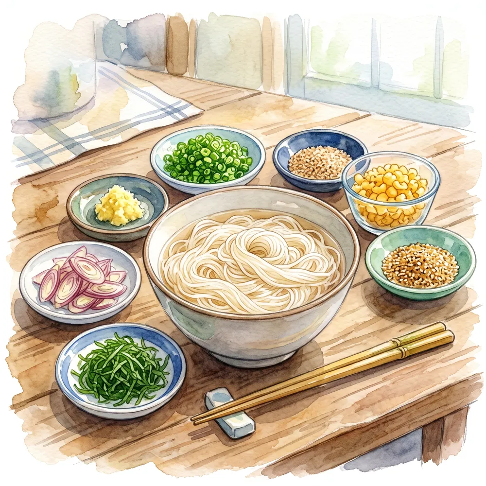 大葉や生姜など彩り豊かな薬味を添えたそうめんのイラスト