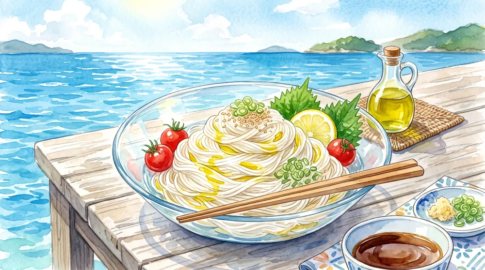 オリーブオイルや薬味を添えた冷たいそうめんの島風アレンジを描いたイラスト