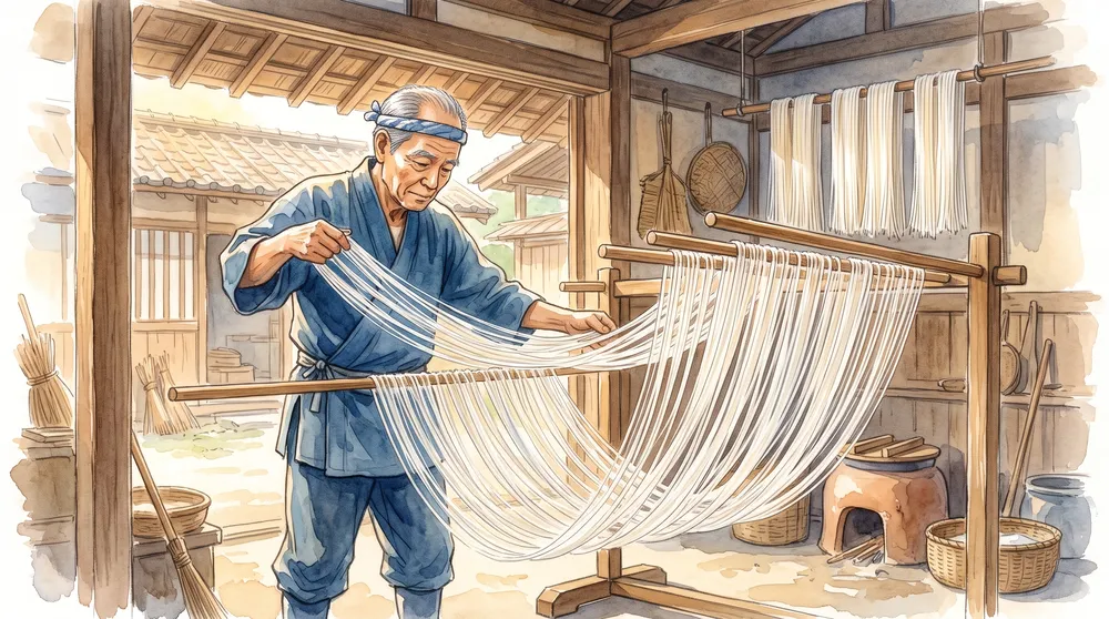 職人が生地を細く延ばしていく手延べそうめんの製法を描いたイラスト