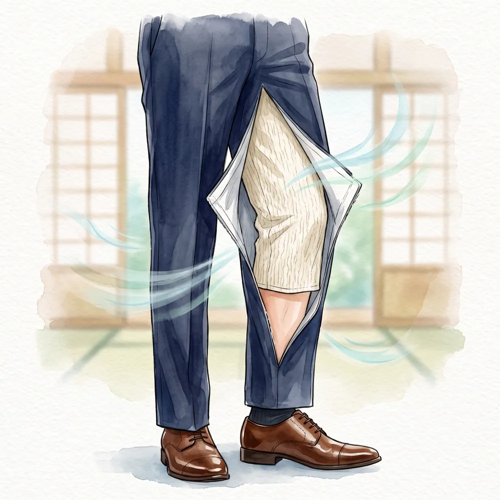 スラックスの下にステテコを履いて汗のべたつきを防ぐイラスト