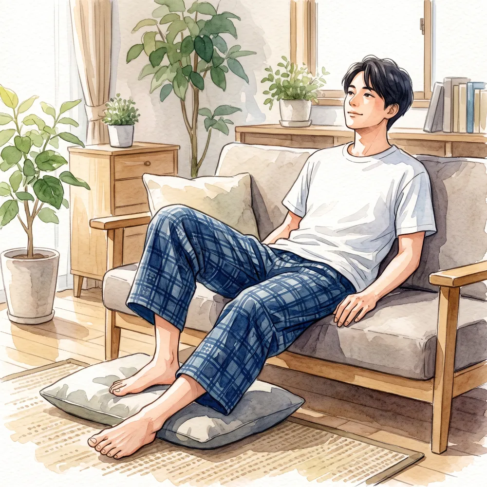 和柄ステテコにTシャツを合わせたワンマイルコーデのイラスト