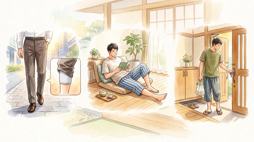 ステテコを肌着・部屋着・ワンマイルウェアとして使うシーンを描いたイラスト