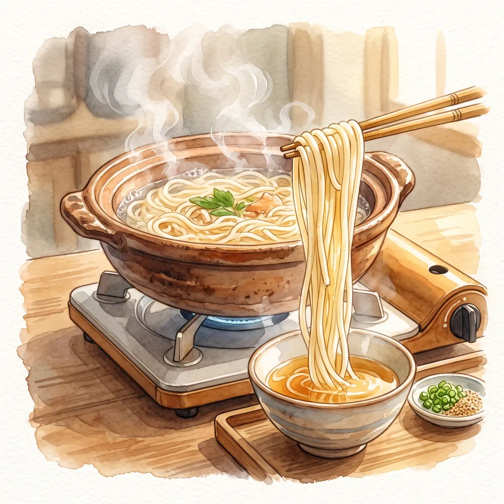 土鍋で煮た五島うどんをあご出汁につけて食べる地獄炊きのイラスト