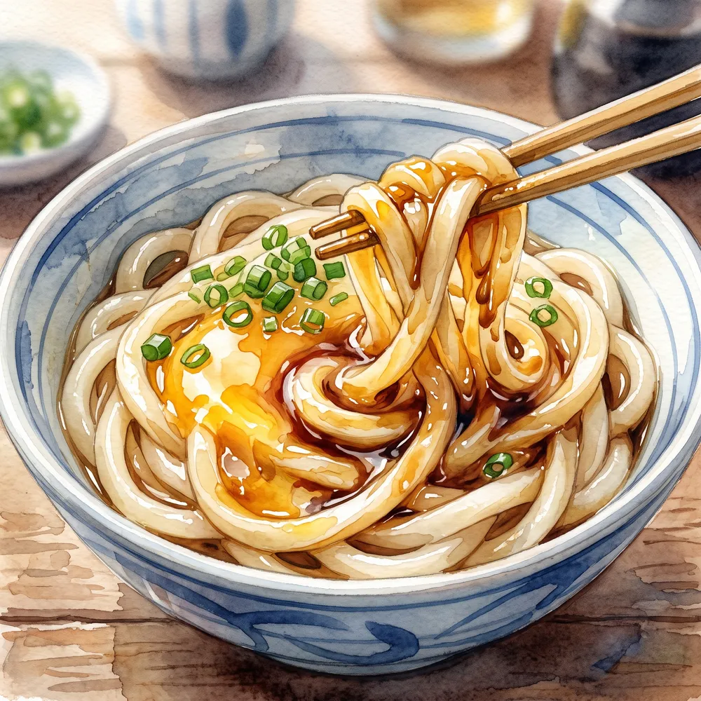 生卵と醤油を絡めた讃岐うどんの釜玉のイラスト
