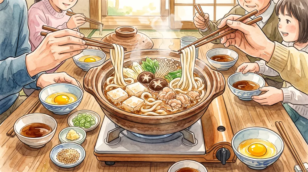 鍋でうどんを煮て食べる五島の地獄炊きなどご当地の食べ方を描いたイラスト