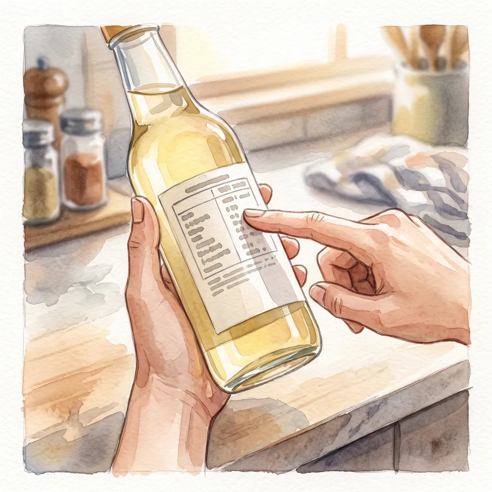 酢の瓶を裏返して、原材料名の欄を指で示している様子