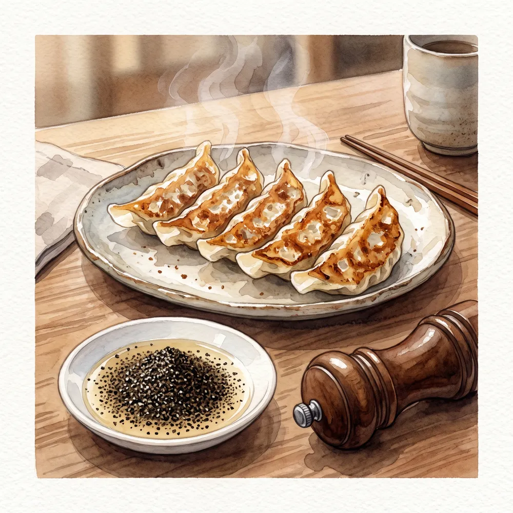 焼き餃子の皿と、黒胡椒をたっぷり振って表面が黒くなった酢の小皿