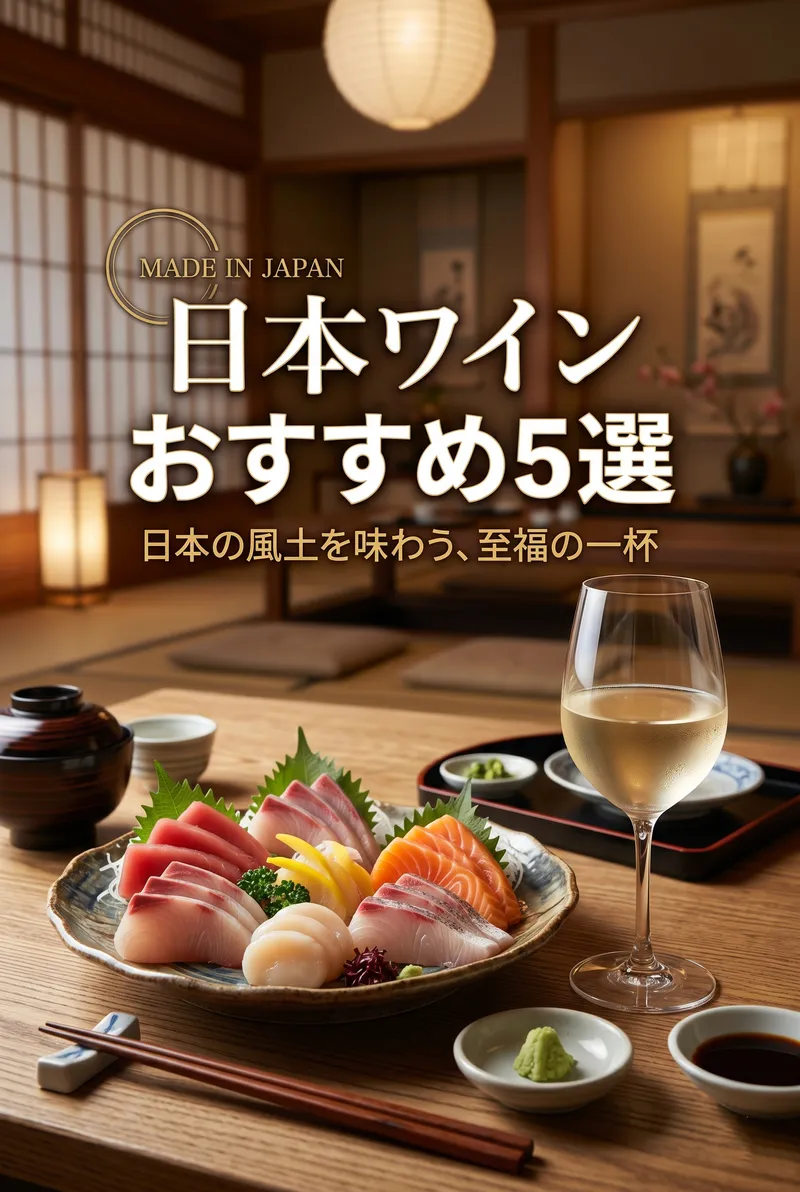落ち着いた和食の食卓に、美味しそうなお刺身の盛り合わせと、グラスに注がれた透明感のある甲州ワインが置かれているまとめイメージ
