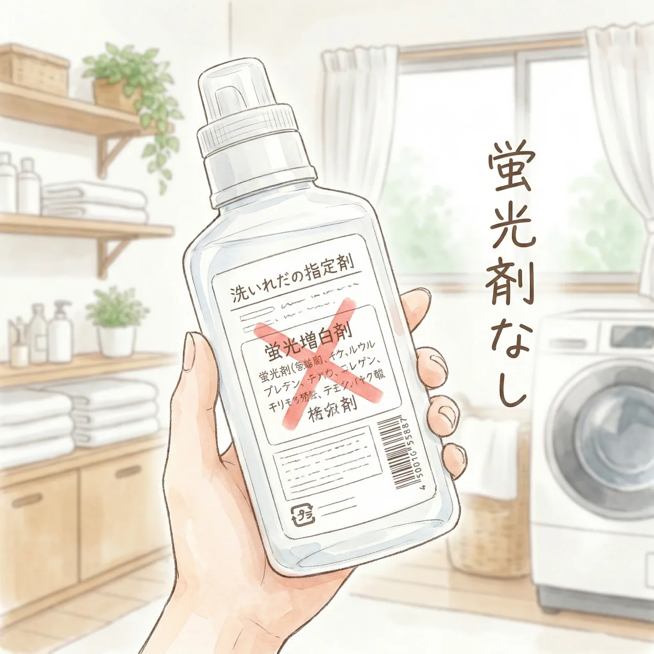 洗剤ボトルの裏面成分表を確認し、蛍光増白剤の文字にバツ印がついているイラスト