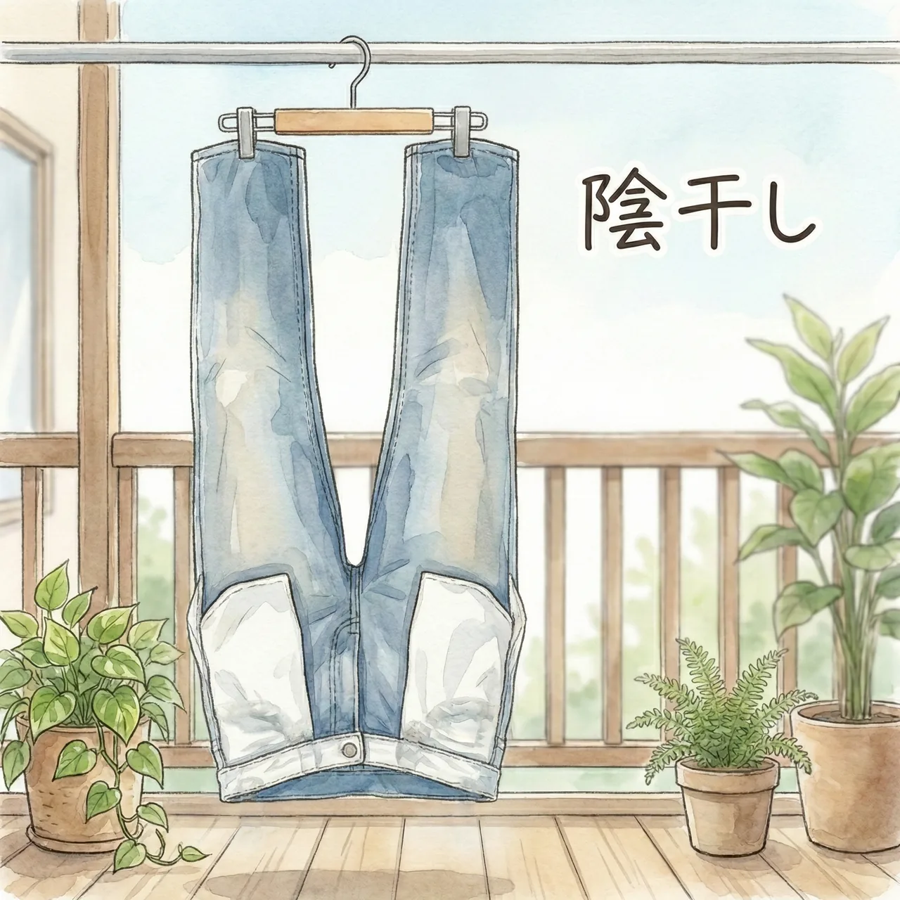 ジーンズを裾から吊るして逆さまにし、筒状に広げて干しているイラスト