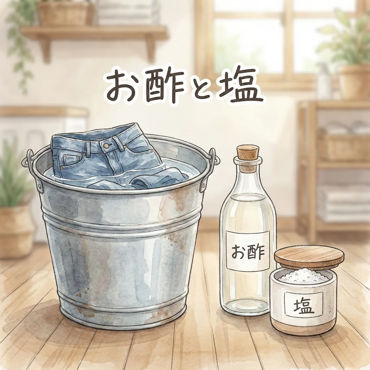 洗面器の水にお酢と塩を入れて、ジーンズをつけ置きしているイラスト