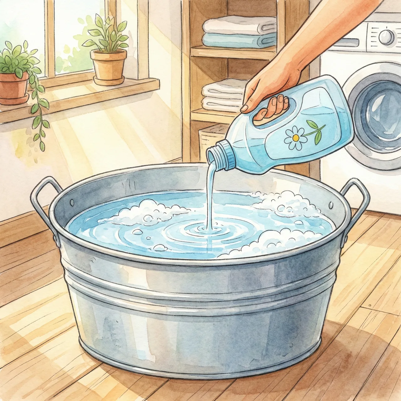バケツに水を張り洗剤を溶かしているイラスト