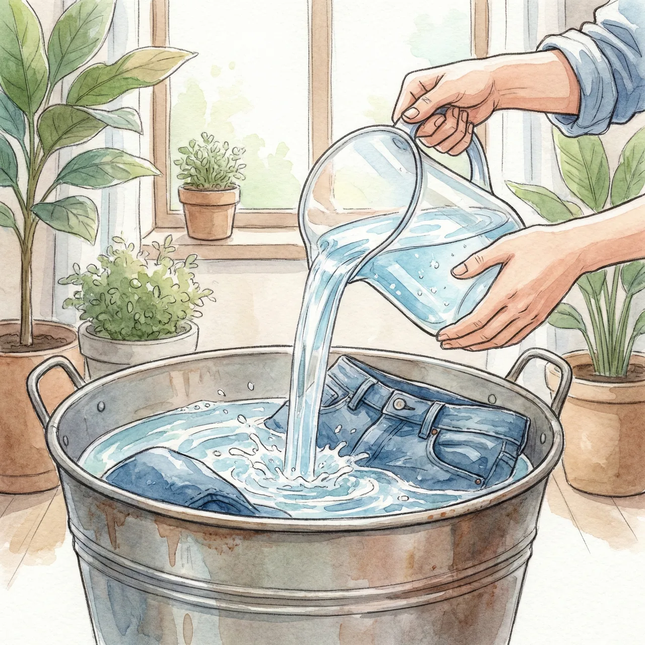 綺麗な水に入れ替えてすすいでいるイラスト