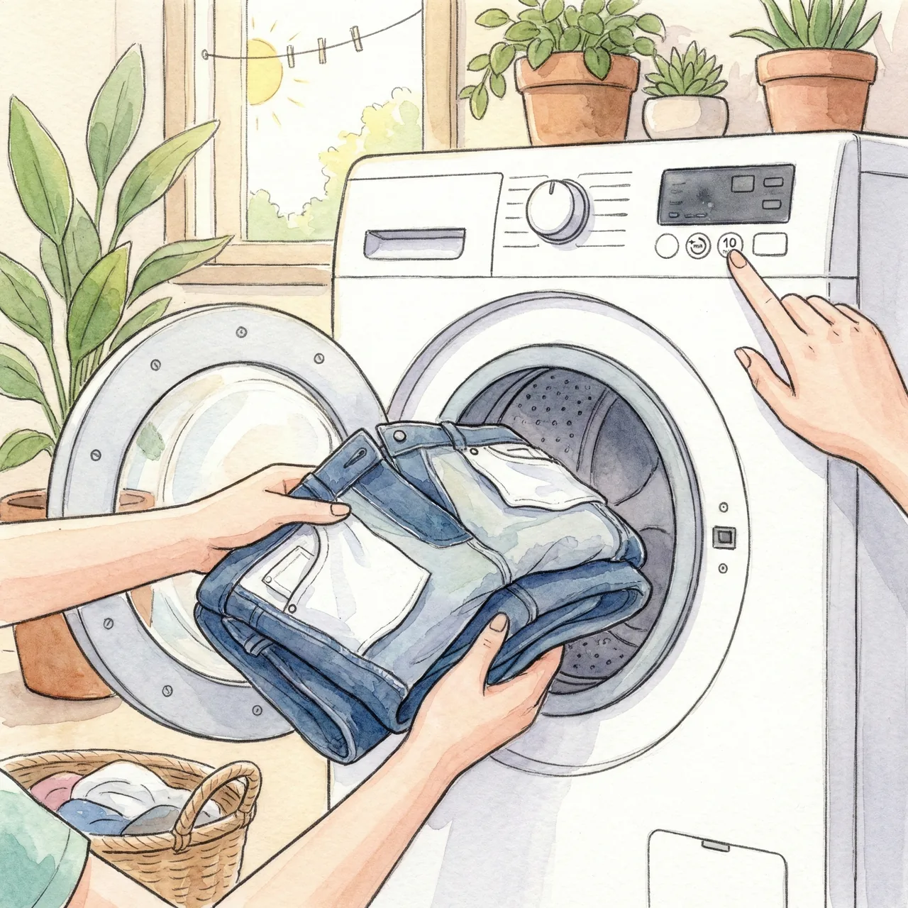 洗濯機に入れて短時間脱水の設定をしているイラスト