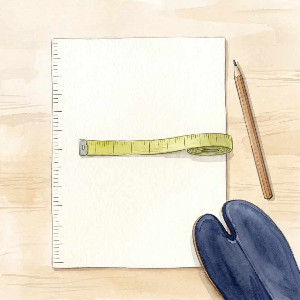 足の長さと幅を測っている様子を描いた水彩イラスト