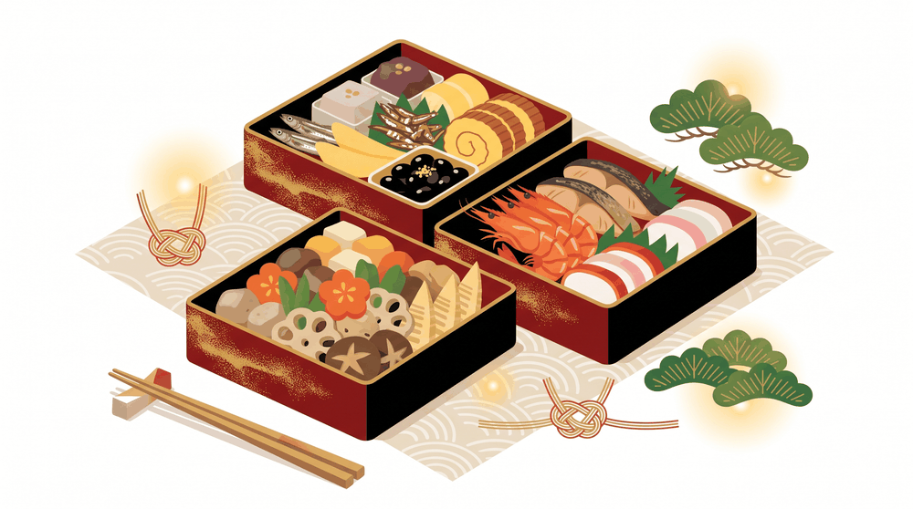 おせち料理を美しく詰めた、艶やかな漆器の三段重のイメージイラスト