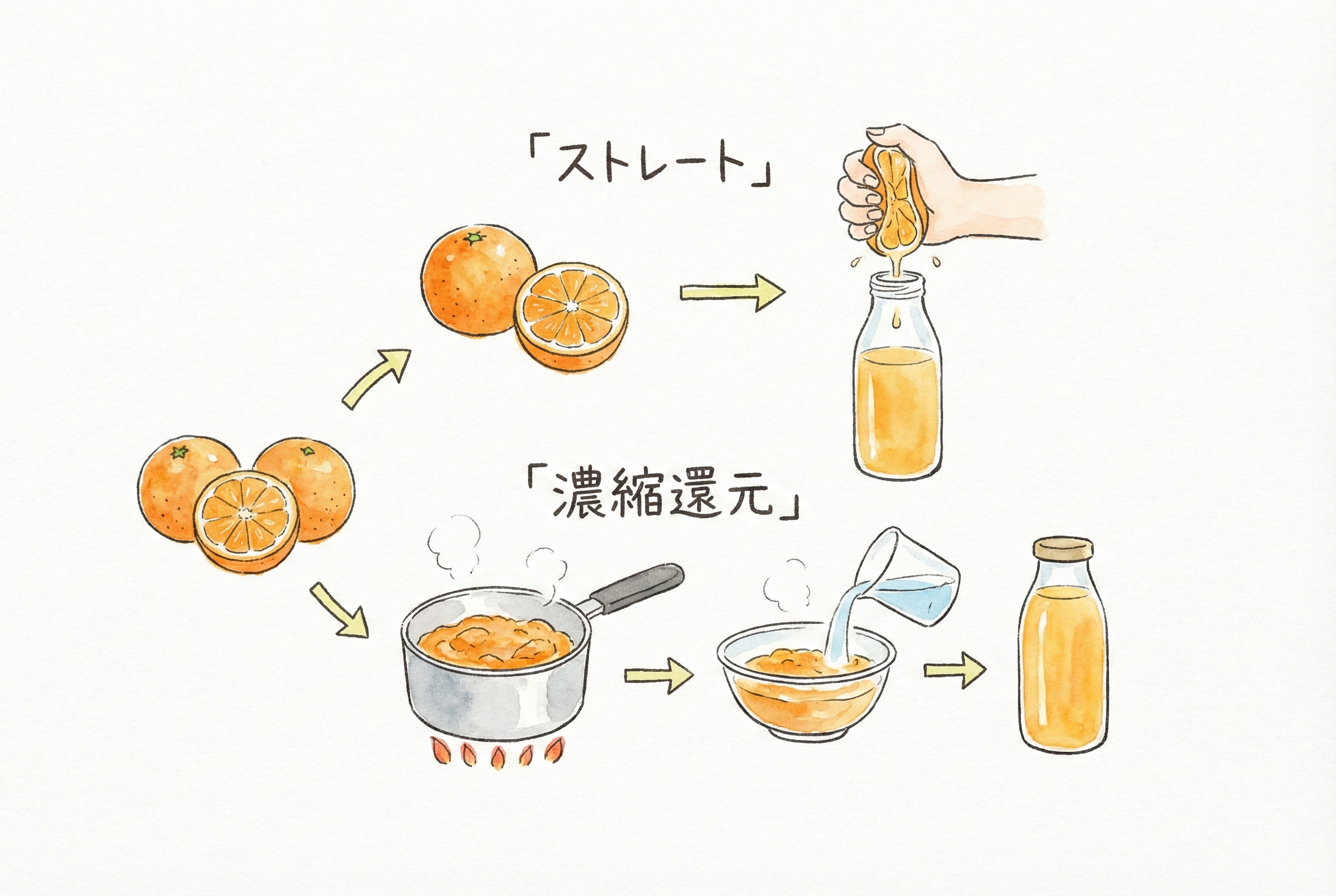 濃縮還元とストレートジュースの製法比較イラスト