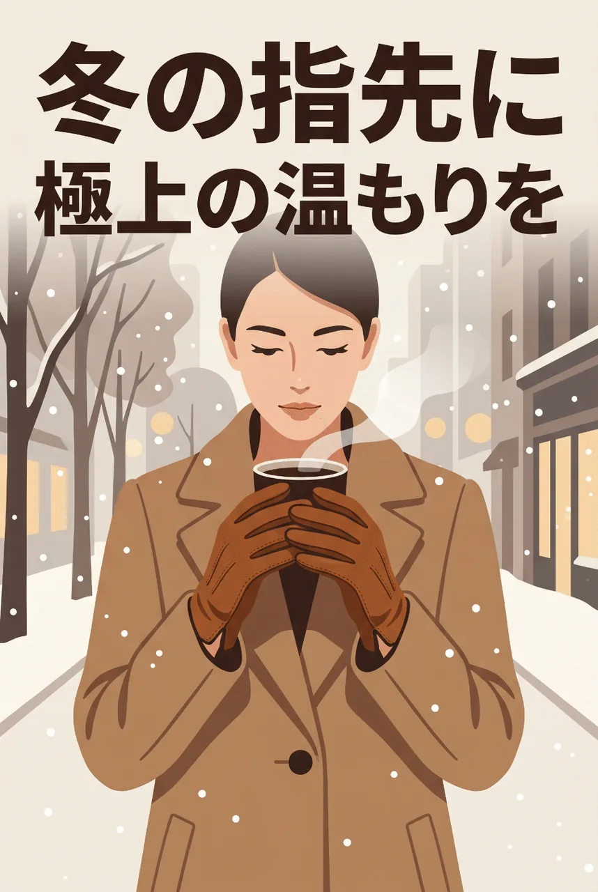 冬の街角、上品なウールのコートを着た人物が、美しいシープスキンの手袋をはめた手で温かいコーヒーカップを包み込んでいる縦長インフォグラフィック
