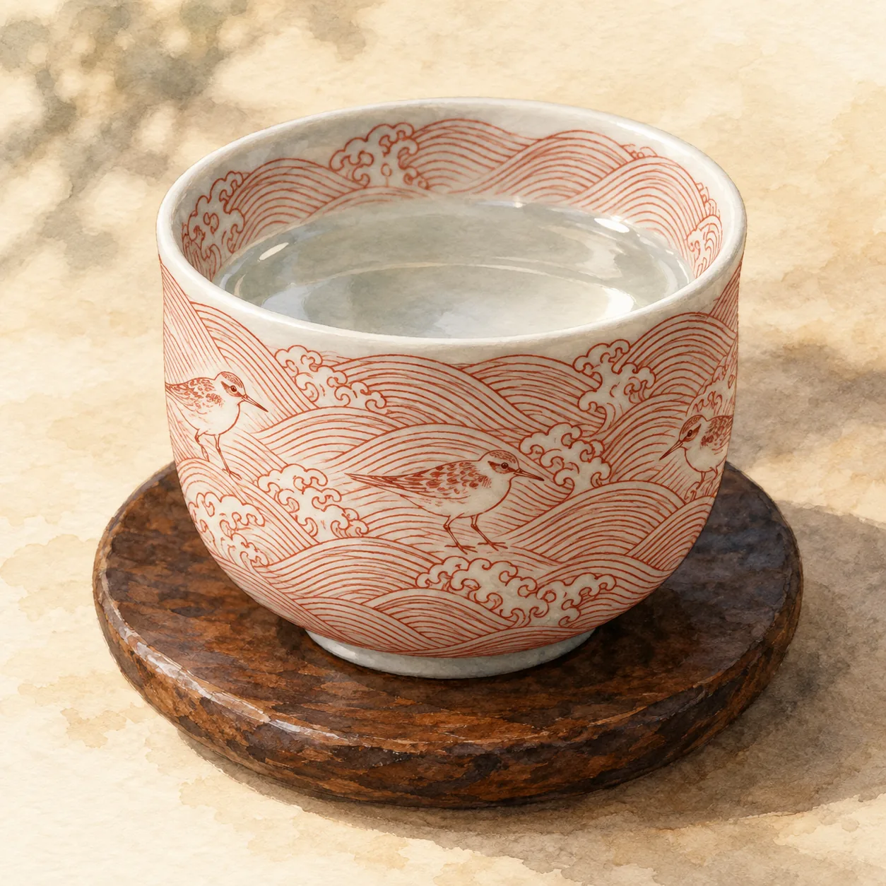 白い磁器の小さな盃に、赤一色の極細の線で波と千鳥がびっしり描かれ、日本酒が注がれている水彩イラスト
